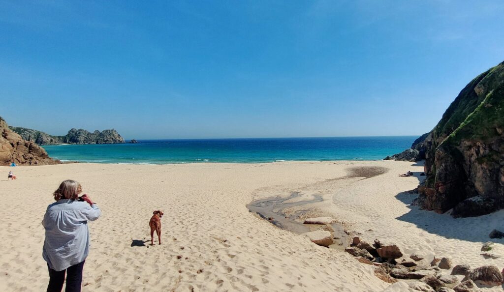 a woman takes a photo on a sandy beach with blue sky and deep blue sea and a dog