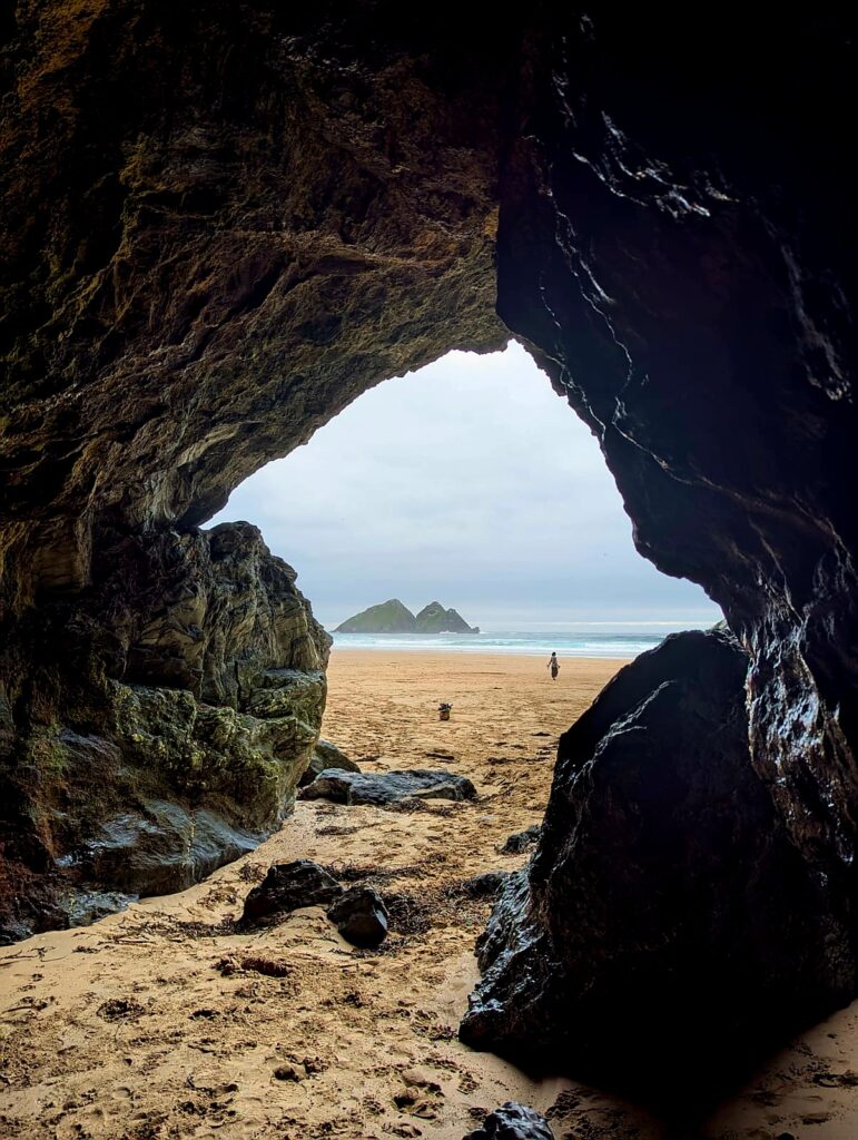 A view of Gull Islands in the sea seen out of a cave across a beach with a dog and human figure in the distance